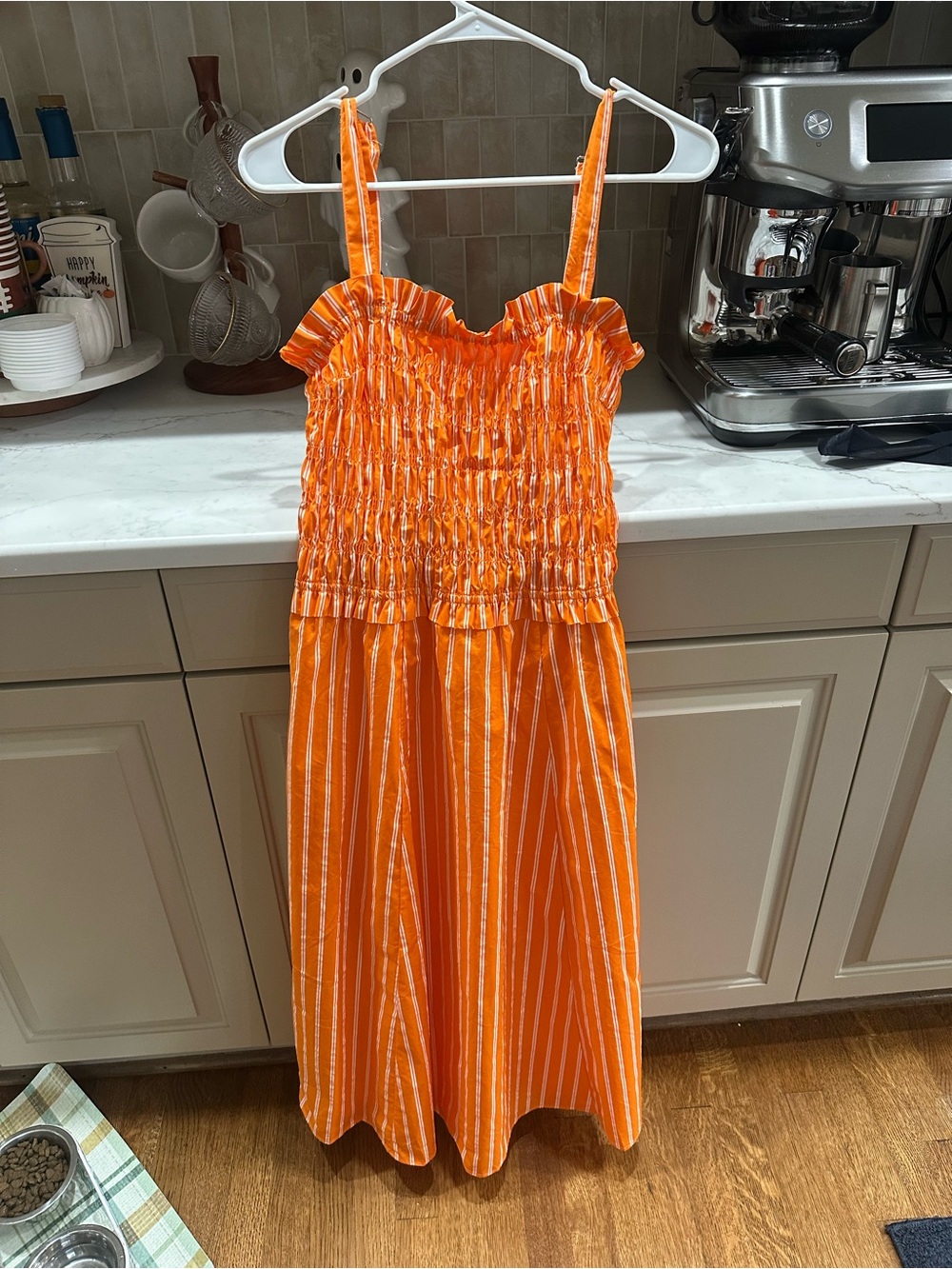 Women's Orange Striped Maxi Sundress with Smocked Bodice